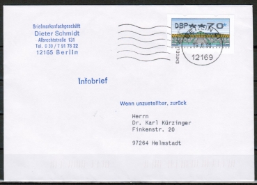 Bund ATM 2 - Nadeldruck - kobaltblau - Marke zu 70 Pf als portoger. EF auf Inlands-Infobrief bis 20g von 1995-1997, codiert