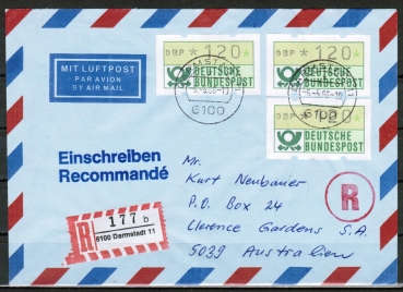 Bund ATM 1 - - 3 Marken zu 120 Pf in Spritzguss-Type als portoger. MeF auf Luftpost-Einschreibe-Brief bis 5g von 1986 nach Australien, AnkStpl.