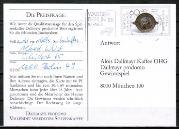 Berlin 790 als portoger. EF mit 60 Pf Wohlfahrt 1987 auf Postkarte von 1987-1991 von Berlin ins Bundesgebiet, ohne oder mit Codierung