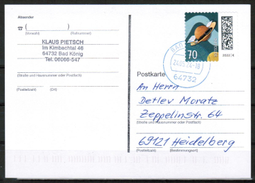 Bund 3670 Skl. (Mi. 3678) als portoger. EF mit 70 Cent Briefe-Dauerserie als Skl.-Marke auf Inlands-Postkarte von 2022-2024, codiert