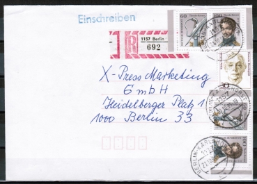 Bund 1559/1560 als portoger. MiF mit 2x Zdr. 60+100 Pf aus Krner-Block auf Inlands-Einschreib-Brief bis 20g von 1991-1992