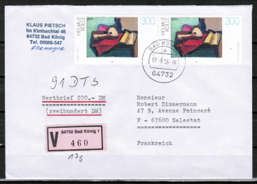 Bund 1845 als portoger. MeF mit 2x 300 Pf Helmut Kolle auf Auslands-Wertbrief bis 20g von 1996 nach Frankreich, AnkStpl.