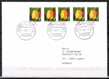Bund 2484 als portoger. MeF mit 5x 10 Cent Blumen / Tulpe oben geschnitten aus Zdr.-Blatt auf Bsingen-Brief von 2007-2010 in die Schweiz, codiert