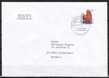 Bund 1469 als portoger. EF mit 70 Pf SWK Helgoland aus Rolle auf B�singen-Brief von 1993 mit Codierung !