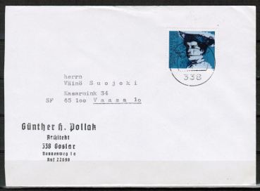 Bund 829 als portoger. EF mit 70 Pf Gertrud von Le Fort auf Auslands-Brief bis 20 Gramm von 1975-1978 nach Finnland