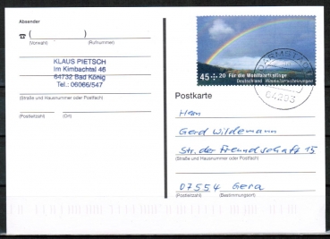 Bund 2707 als portoger. EF mit 45 Wohlfahrt 2009 auf Inlands-Postkarte von 2009-2019, codiert