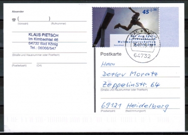 Bund 2727 als portoger. EF mit 45 Cent Sport 2009 aus MH auf Inlands-Postkarte von 2009-2019, codiert