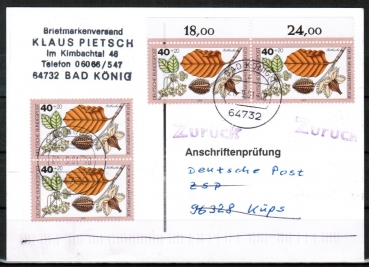 Bund 1024 als portoger. MeF mit 4x 40 Pf Wohlfahrt 1979 auf Einzel-Anschriftenprfungs-Postkarte von 1997-2002, codiert