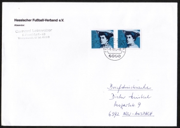 Bund 829 als portoger. MeF mit 2x 70 Pf Gertrud von le Fort auf C5-Briefdrucksache 20-50g vom Mrz 1993
