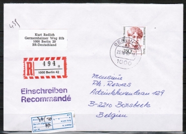 Berlin 828 als portoger. EF mit 350 Pf Frauen-Serie auf Einschreibe-Brief bis 20g von 1989-1991 nach Belgien, AnkStpl.