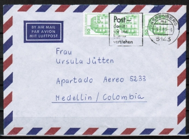 Bund 1038 als portoger. MeF mit 3x grner 50 Pf B+S - Marke aus Rolle im Buchdruck auf Luftpost-Brief bis 5g von 1982-1989 nach Kolumbien, AnkStpl.