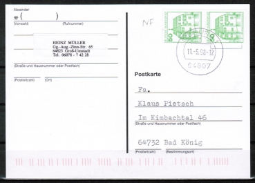 Bund 1038 o.g./u.g. als portoger. EF mit grner 50 Pf B+S - Marke als oben/unten geschn. Paar aus MH/Bdr. auf Inlands-Postkarte von 1998, codiert
