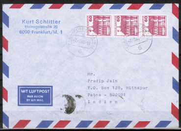 Bund 1028 als portoger. MeF mit 3x roter 60 Pf B+S - Marke aus Rolle im Letterset-Druck auf Luftpost-Brief 10-15g von 1988 nach Indien, AnkStpl.