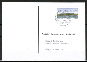 Bund ATM 2 - Nadeldruck - Marke zu 60 Pf als portoger. EF auf Sammel-Anschriftenprfungs-Postkarte von 1993-2002, rs. Stempel