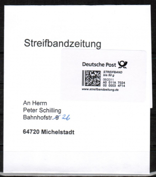 Label der Deutschen Post AG fr Streifbandzeitung bis 50 Gramm von 2011 portogerecht auf Streifbandzeitung bis 50 Gramm im Juli 2011 gebraucht