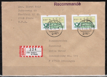 Bund ATM 1 - Marken zu 150 + 180 Pf je in Gravur-Type als portoger. MiF auf CEPT-erm. Ausl.-Einschr.-Brief 20-50g vom Juli 1982 nach Frankreich, Ank.