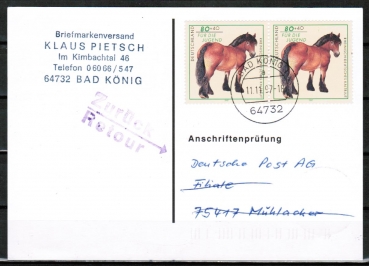 Bund 1920 als portoger. MeF mit 2x 80 Pf Jugend 1997 / Kaltblut auf Anschriftenprfungs-Postkarte von 1997/1998, codiert, rs. Stpl.