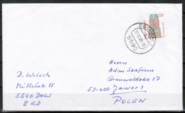 Bund 1375 als portoger. EF mit 120 Pf SWK aus Rolle auf Auslands-Brief bis 20g von 1988-1989 nach Polen, AnkStpl.