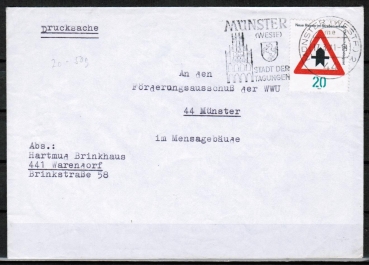 Bund 666 als portoger. EF mit 20 Pf Vorfahrt-Schild auf Inlands-Drucksache 20-50g oder Briefdrucksache vom Mrz 1971