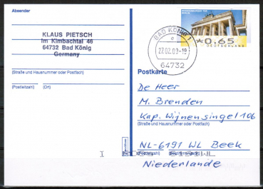 Bund ATM 6 - Marke zu 0,65 Euro als portoger. EF auf Europa-Postkarte von 2008-2010 in die Niederlande, codiert