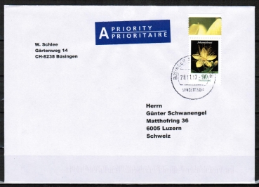 Bund 3304 als portoger. EF mit 90 Cent Blumen Johanniskraut aus Bogen mit buntem Rand auf A-Brief vom ZAG Bsingen von 2017-2019 in die Schweiz