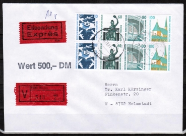 Berlin 798+795+796+834 als H-Blatt 5,- DM Sehenswrdigkeiten als portoger. EF auf VGO-Eil-Wert-Brief bis 20g von 1990-1991, AnkStpl.
