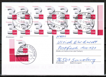Bund 2964 als portoger. MeF mit 15x 3 Cent Ergnzungsmarke aus Bogen auf Inlands-Postkarte von 2012-2019, codiert