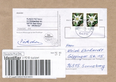Bund 2530 als portoger. MeF mit 2x 220 Cent Blumen-Serie / Edelwei aus Rolle auf Inlands-Pckchen-Adresse von 2015, mit Label