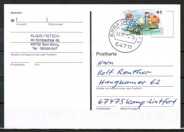 Bund 2995 als portoger. EF mit 45 Cent Janosch als Skl.-Marke auf Inlands-Postkarte von 2013-2019, codiert