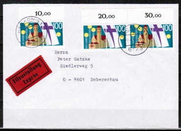 Bund 1467 als portoger. MeF mit 3x 100 Pf Rummelsberg auf Sonderporto-Eilbrief bis 20g von 1990/1991 in die DDR / VGO, AnkStpl.