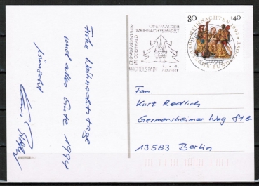 Bund 1707 als portoger. EF mit 80 Pf Weihnachten 1993 auf Inlands-Postkarte von 1993-1997, codiert