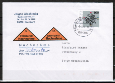 Bund 1805 als portoger. EF mit 400 Pf Heinrich der Lwe auf Nachnahme-Brief bis 20g von 1995-1997, codiert