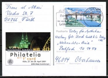 Bund 2178 als Sonder-Ganzsachen-Postkarte PSo 76 mit eingedr. Marke  100 Pf / 0,51  Brcke Rendsburg - 2001 als Postkarte gebraucht, codiert