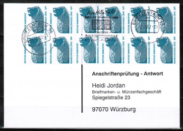 Bund 1448 als portoger. MeF mit 12x 5 Pf SWK aus Bogen auf Sammel-Anschriftenprfungs-Postkarte von 1993-2002, codiert