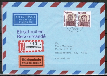 Bund 1679 als portoger. MeF mit 2x 500 Pf SWK aus Rolle auf Luftpost-Einschr.-Rckschein-Brief bis 20g von 1993-1997 n. Australien, AnkStpl.