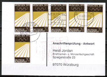 Bund 587 als portoge. MeF mit 6x 10 Pf Olympiade 1969 auf Sammel-Anschriftenprfungs-Postkarte von 1993-2002, codiert