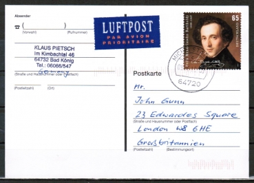 Bund 2720 als portoger. EF mit 65 Cent Felix Mendelssohn-Bartholdy auf Europa-Postkarte von 2009-2010 nach Grobritannien, codiert