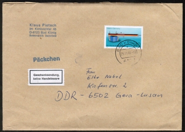 Bund 1378 als portoger. EF mit 140 Pf Schieblehre auf Pckchen 100-250g von 1988 in die DDR, Stempelmngel