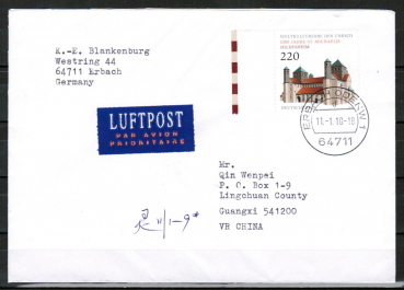 Bund 2774 als portoger. EF mit 220 Cent Hildesheim als Nassklebe-Marke auf bersee-Luftpost-Brief 20-50g von 2010 nach China/AnkStpl.