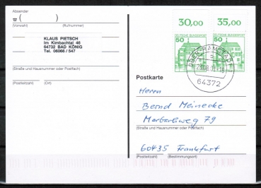 Bund 1038 als portoger. MeF mit 2x grner 50 Pf B+S - Marke aus Bogen je mit Oberrand auf Inlands-Postkarte von 1997-2002, codiert