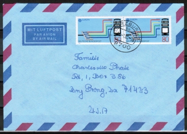 Bund 1368 als portoger. MeF mit 2x 80 Pf Europa 1988 auf Luftpost-Brief 5-10g von 1988-1989 in die USA/Code