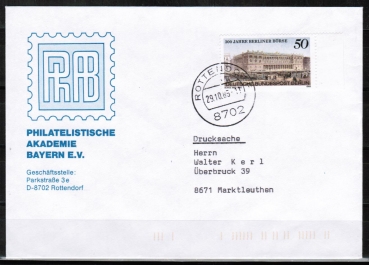 Berlin 740 als portoger. EF mit 50 Pf Berliner Brse auf Drucksache bis 20g von 1985-1989 im Bundesgebiet mit Bund-Stempel
