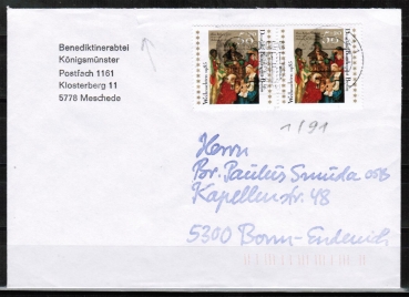 Berlin 749 als portoger. MeF mit 2x 50 Pf Weihnachten 1985 auf Brief bis 20g vom Januar 1991 im Bundesgebiet mit Bund-Stempel, mit Einriss oben