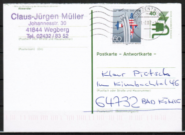 Berlin 842 - 60 Pf Luftbrcke - 10 Jahre nach Gltigkeitsende auf ebenfalls ungltiger Berliner Ganzsachenkarte im Bundesgebiet 