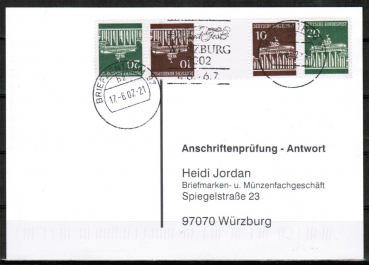 Bund 506+507 als portoger. Zdr.-MiF mit Zdr. 10+10 Pf im Kehrdruck-ZwSteg + anh. 20 Pf auf Anschriftenprfungs-Postkarte von 1993-2002, codiert