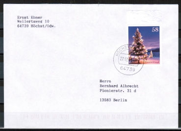 Bund 3039 als portoger. EF mit 58 Ct. Weihnachtsmotiv 2013 als Nassklebe-Marke auf Inlands-Brief bis 20g von 2013, codiert