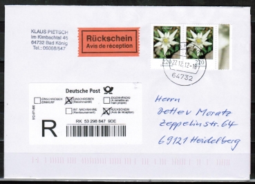 Bund 2530 als portoger. MeF mit 2x 220 Ct. Blumen / Edelwei aus Bogen auf Inland-Einschreibe-Rckschein-Brief bis 20g von 2006-2012, codiert