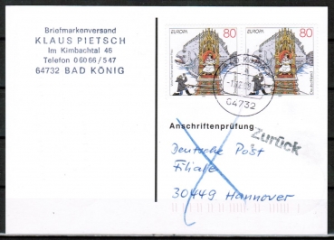 Bund 1915 als portoger. MeF mit 2x 80 Pf Europa 1997 auf Einzel-Anschriftenprfungs-Postkarte von 1997/1999, codiert, mit rs. Stempel