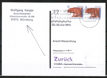 Bund 1469 als portoger. MeF mit 2x 70 Pf SWK Helgoland aus Rolle auf Einzel-Anschriftenprfungs-Postkarte von 1993-1997, codiert, rs. Stpl.
