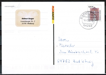 Bund 2299 als Ganzsachen-Postkarte mit eingedruckter Marke 0,45  SWK portoger. als Inlands-Postkarte von 2003-2019, codiert